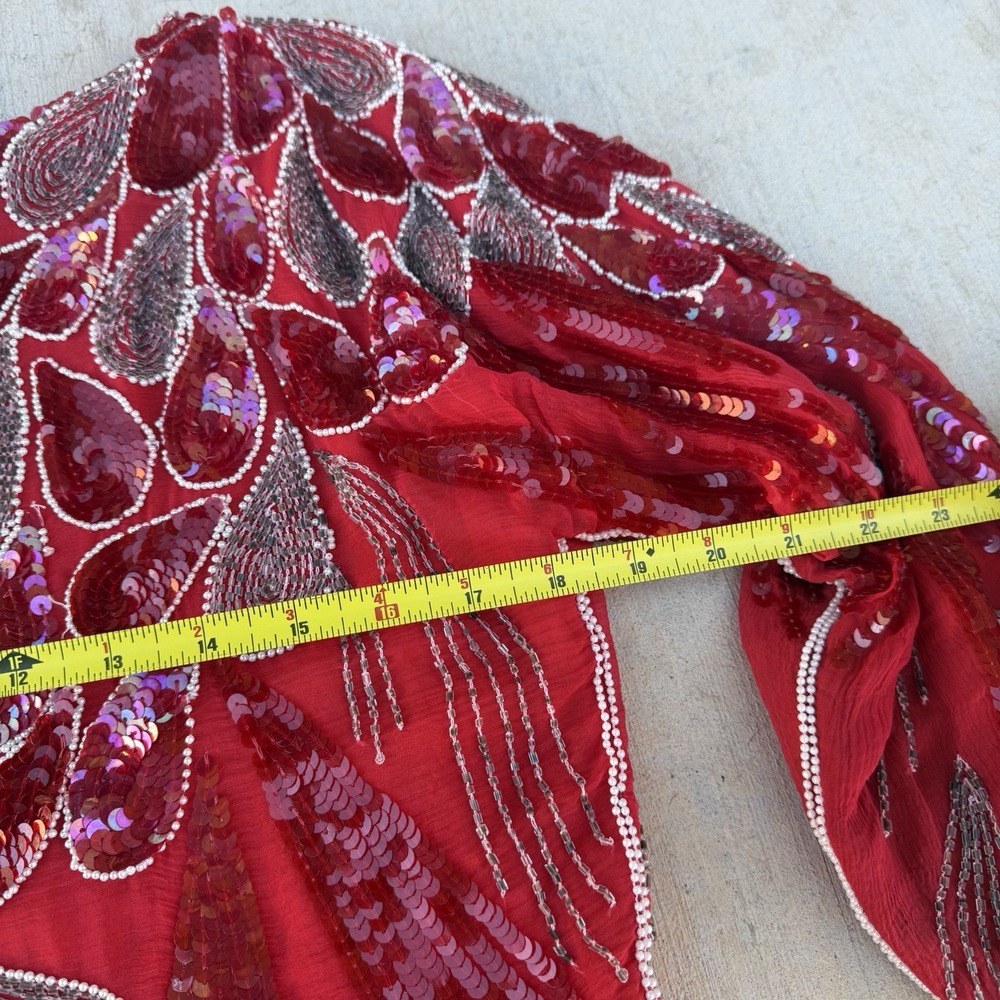 Vintage Art Deco Pure Silk Medium Red Rhinestone‎ Sequin Bling Beaded Iridescent - Picture 3 of 9